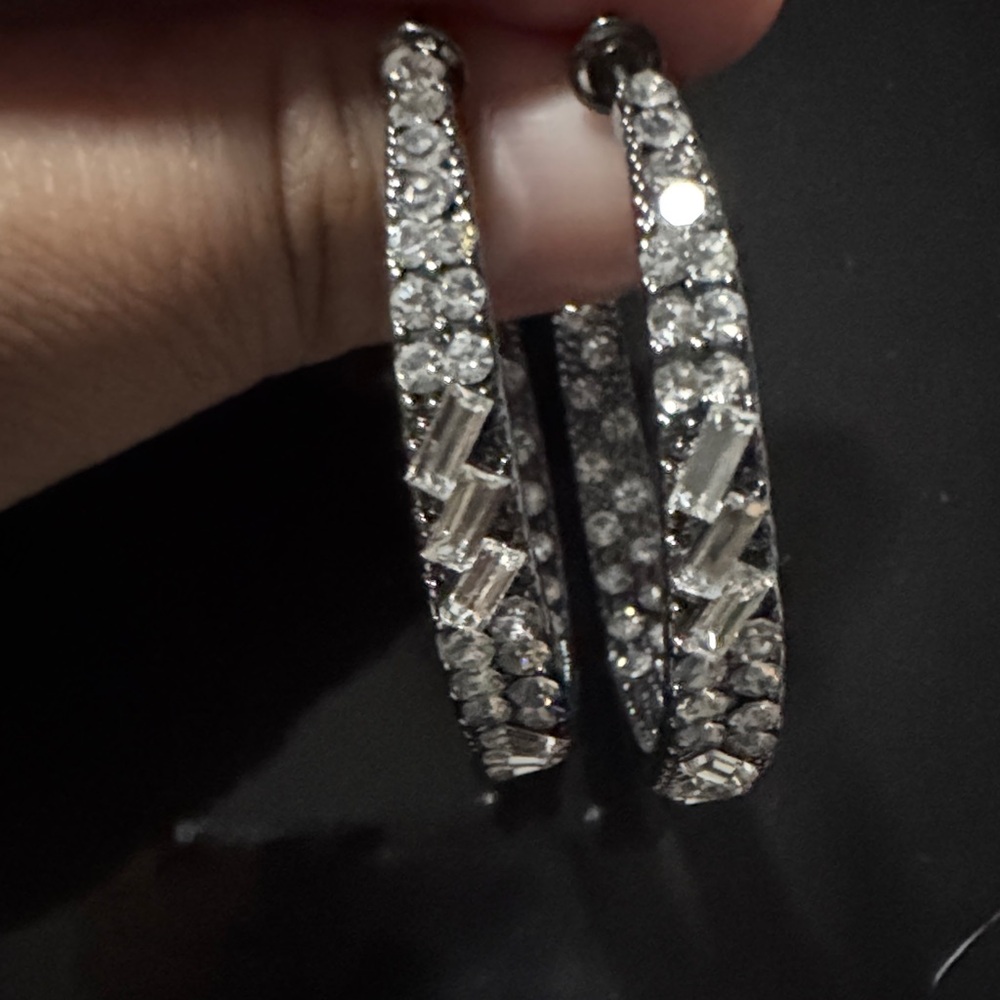 Crystal-Embellished Silver Hoop Earrings - Women Jewelry